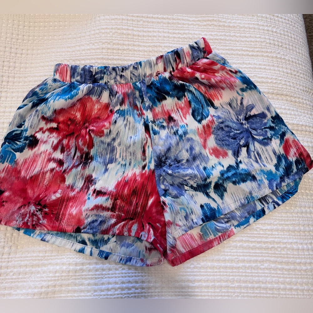 Fresh Tart Floral Print Elastic Waist Women’s Shorts - coral & Blue size small